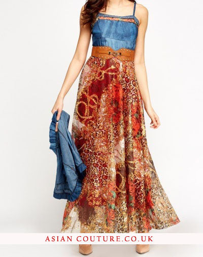 Contrast Floral Maxi Bolero Dress - Asian Party Wear