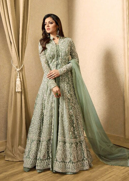 EID DRESS COLLECTION: NILE GREEN EMBELLISHED ANARKALI SUIT - Asian Party Wear