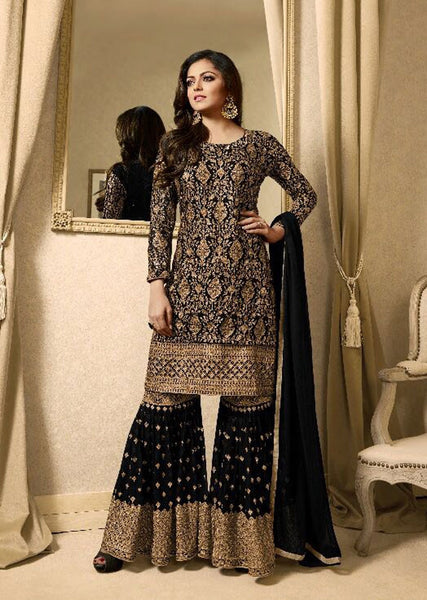 EID DRESS COLLECTION: BLACK  EMBELLISHED GHARARA PENT DRESS - Asian Party Wear