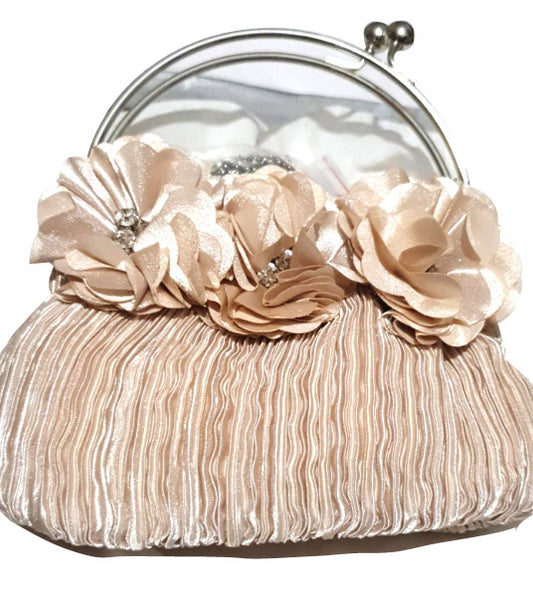 Beige Bronze Hand Clutch Bag with long chain - Asian Party Wear