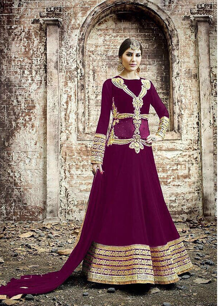 PURPLE SAFEENA HOT LADY EMBROIDERED ANARKALI SUIT - Asian Party Wear