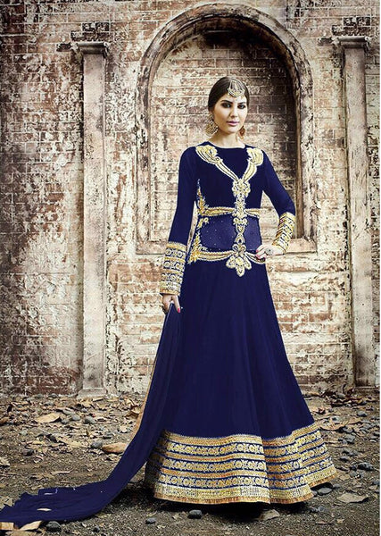 BLUE SAFEENA HOT LADY EMBROIDERED ANARKALI SUIT - Asian Party Wear