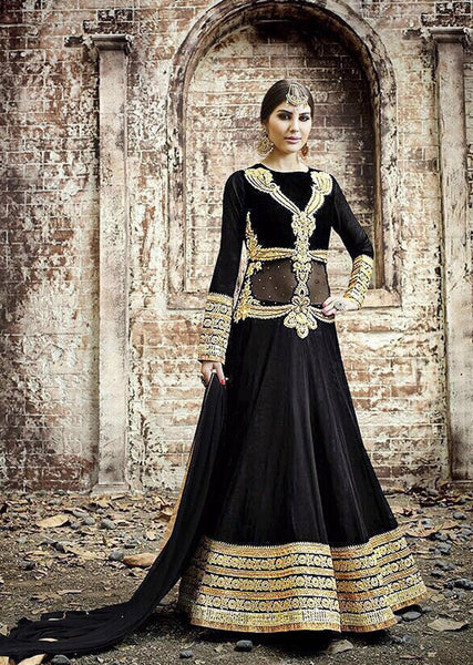 BLACK SAFEENA HOT LADY EMBROIDERED ANARKALI SUIT - Asian Party Wear