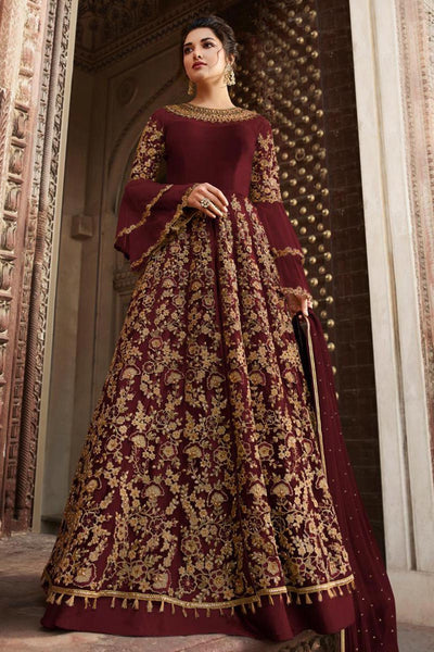 Maroon Wedding Wear Indian Designer Embroidered Anarkali Gown - Asian Party Wear