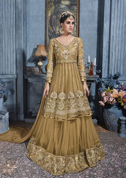 S-87 GOLD SYBELLA HEAVY EMBROIDERED WEDDING WEAR DRESS - Asian Party Wear