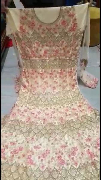CREAM INDIAN WEDDING HEAVY EMBROIDERED GOWN - Asian Party Wear