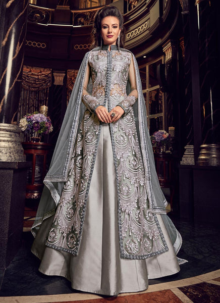 Silver Net Floor Length Wedding Anarkali Dress - Asian Party Wear