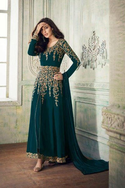 Teal Blue Georgette Anakali Dress Indian Formal Suit - Asian Party Wear