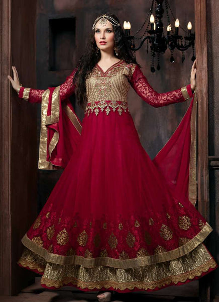4301 RED "CELEBRITY ISSUE” FLOOR LENGTH EMBROIDERED ANARKALI SUIT - Asian Party Wear