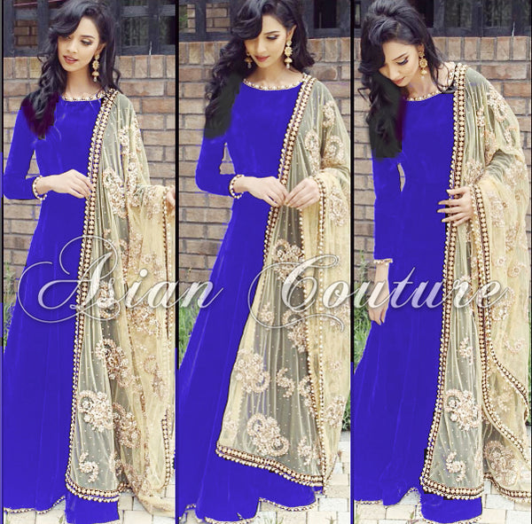 AS-102 BLUE PAYAL SEMI STITCHED ANARKALI SUIT WITH EMBROIDERED DUPATTA - Asian Party Wear