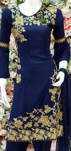 NAVY BLUE PAKISTANI DESIGNER READYMADE LINEN SUIT - Asian Party Wear