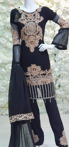 BLACK CHIFFON EMBROIDERED READYMADE SUIT - Asian Party Wear