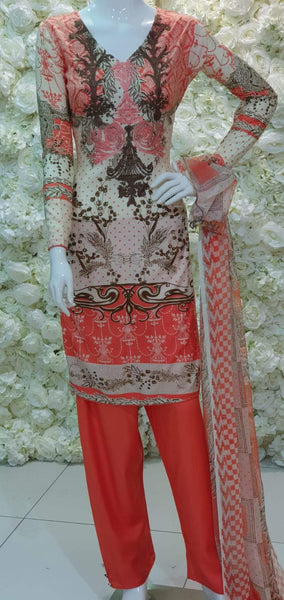 Coral Grey Pakistani Lawn Readymade Suit - Asian Party Wear