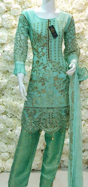 MINT GREEN ETHEREALLY EMBROIDERED CHIFFON READYMADE SALWAR SUIT - Asian Party Wear
