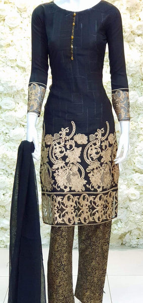 Black Heavy Embellished Linen Readymade Suit - Asian Party Wear