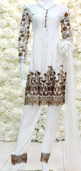 WHITE GOLD DESIGNER PEPLUM FROCK PAKISTANI READMADE SUIT - Asian Party Wear