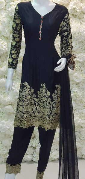 BLACK PAKISTANI DESIGNER PEPLUM LINEN SALWAR SUIT - Asian Party Wear