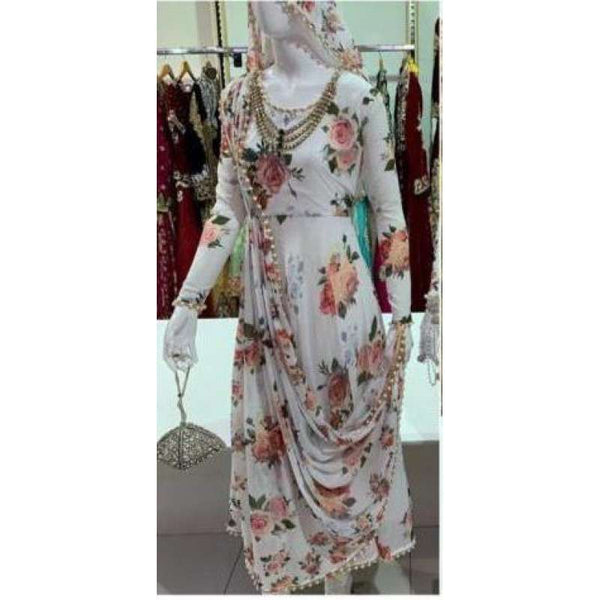AC-37 WHITE FLORAL 3D  DESIGNER READY MADE DRESS - Asian Party Wear