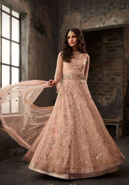 Peach Net Heavy Embellished Wedding Wear Anarkali Dress - Asian Party Wear