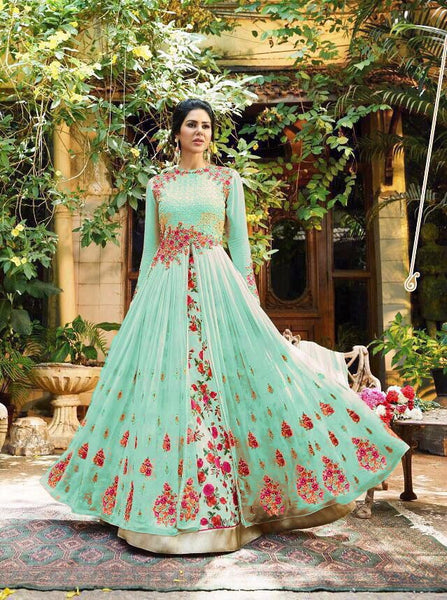 Mint Ethnic Printed & Embroidered Anarkali Flared Gown - Asian Party Wear