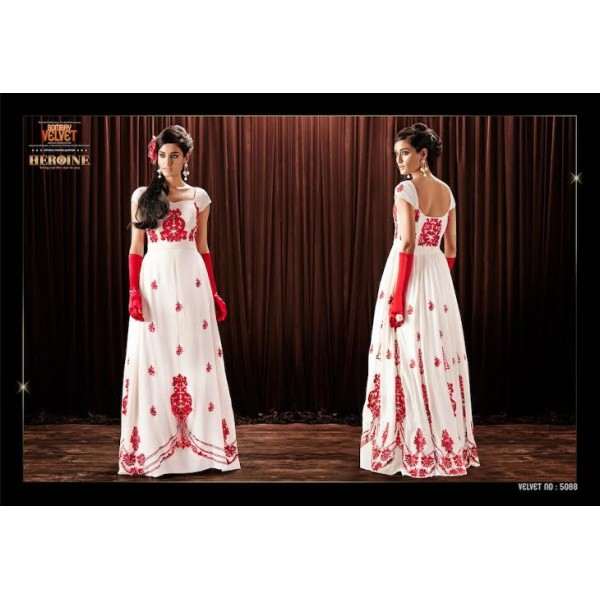 AHR5088 White Stunning New Anushka Sharma Bombay Velvet Gown Anarkali Dress(Long Sleeves Available) - Asian Party Wear