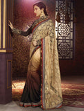 LUXURY BROWN EMBROIDERED WEDDING SAREE - Asian Party Wear