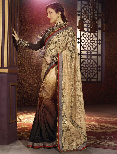 LUXURY BROWN EMBROIDERED WEDDING SAREE - Asian Party Wear