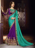 TURQUOISE AND PURPLE DESIGNER PARTY WEAR ETHNIC SAREE - Asian Party Wear