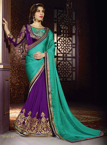 TURQUOISE AND PURPLE DESIGNER PARTY WEAR ETHNIC SAREE - Asian Party Wear