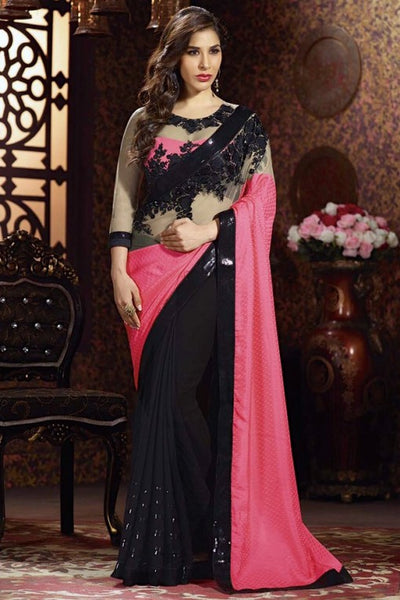 PINK AND BLACK INDIAN DESIGNER PARTY WEAR BOLLYWOOD SEMI STITCHED SAREE - Asian Party Wear