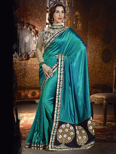 ZAM87 TEAL GREEN AMAIRA INDIAN DESIGNER PARTY WEAR BOLLYWOOD SEMI STITCHED SAREE - Asian Party Wear