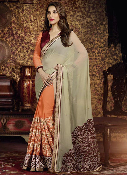 ORANGE AND GREY INDIAN DESIGNER PARTY SAREE - Asian Party Wear