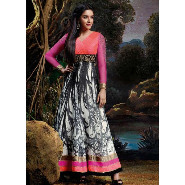 AS3027 Black And Pink Stunning Anarkali Indian Designer Asmira Semi Stitched Suit - Asian Party Wear