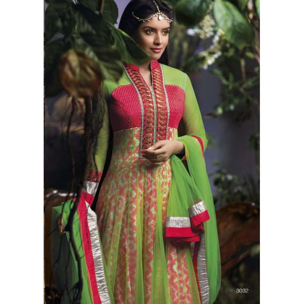 AS3032 Yellow Green With Pink Stunning Anarkali Indian Designer Asmira Semi Stitched Suit - Asian Party Wear