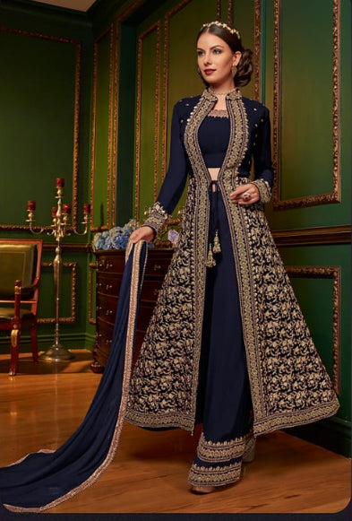 NAVY BLAZER INDIAN DESIGNER GEORGETTE PALAZZO STYLE PARTY WEAR SUIT - Asian Party Wear