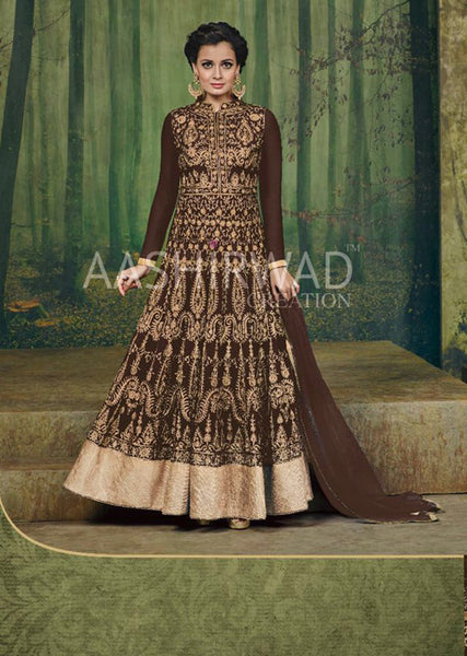 Brown Embroidered Dress Indian Anarkali Wedding Suit - Asian Party Wear