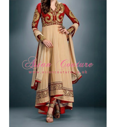 BEAUTIFUL GOLD AND RED SHEONA WEDDING WEAR ANARKALI DRESS - Asian Party Wear