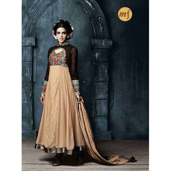 Brown and Beige Stunning Hariette Semi Stitched Anarkali Suit 56016 - Asian Party Wear