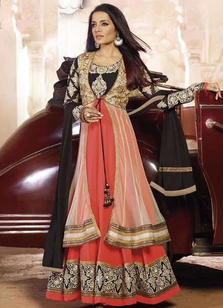 Black and Orange Celina Jaitley Georgette Floor Length Anarkali Suit - Asian Party Wear