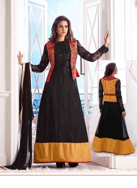 Black WEDDING WEAR GEORGETTE & NET LONG ANARKALI SUIT - Asian Party Wear