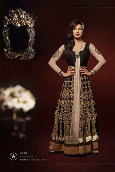 Black with Gold Priyanka Chopra HEROINE Lime Light Designer Dress - Asian Party Wear