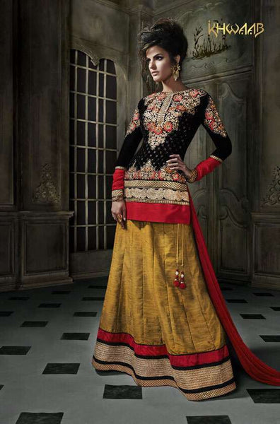 Black with Red and Yellow Velvet Khwaab Aura Lengha (KH-8002) - Asian Party Wear