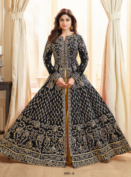 Black Front Slit Dress Indian Designer Anarkali Suit - Asian Party Wear