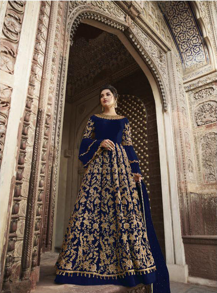 Navy Blue Indian Designer Evening Wear Anarkali Gown - Asian Party Wear