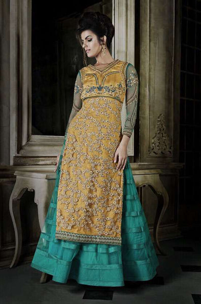 Blue Green With Yellow Khwaab Aura wedding Anarkali Gown (KH-8010) - Asian Party Wear
