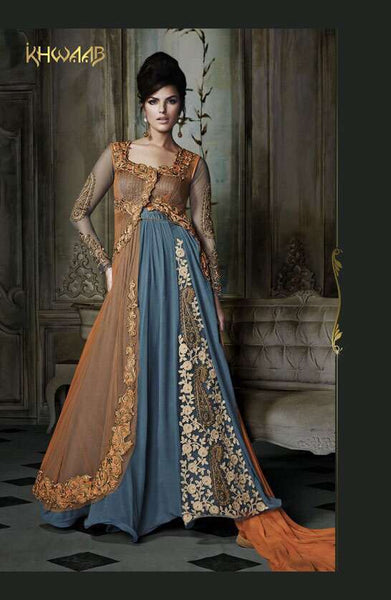 Blue With Orange Khwaab Aura wedding Anarkali Gown (KH-8011) - Asian Party Wear