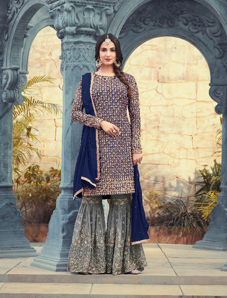 ZMP5501-D BLUE AND GREY MAISHA PEARL INDIAN PAKISTANI PARTY WEAR GHARARA PANT SUIT - Asian Party Wear