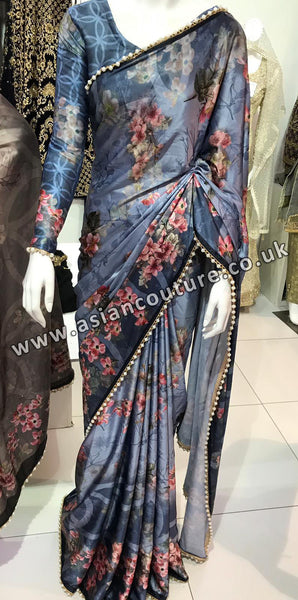 BLUE FLORAL PRINTED SATIN SAREE - Asian Party Wear