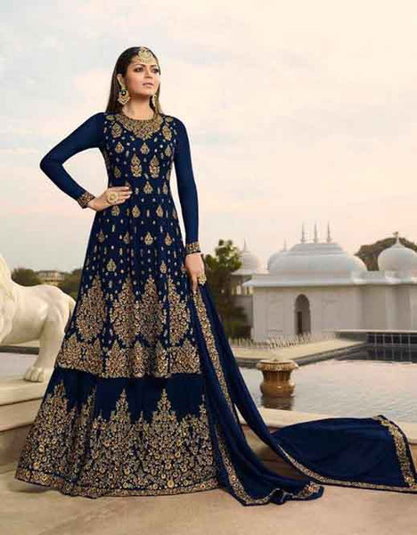 Navy Blue Heavy Embroidered Indian Wedding Lehenga - Asian Party Wear