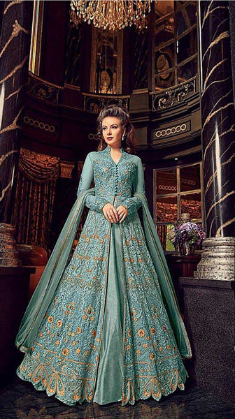 Turquoise Heavy Embroidered Anarkali Suit - Asian Party Wear